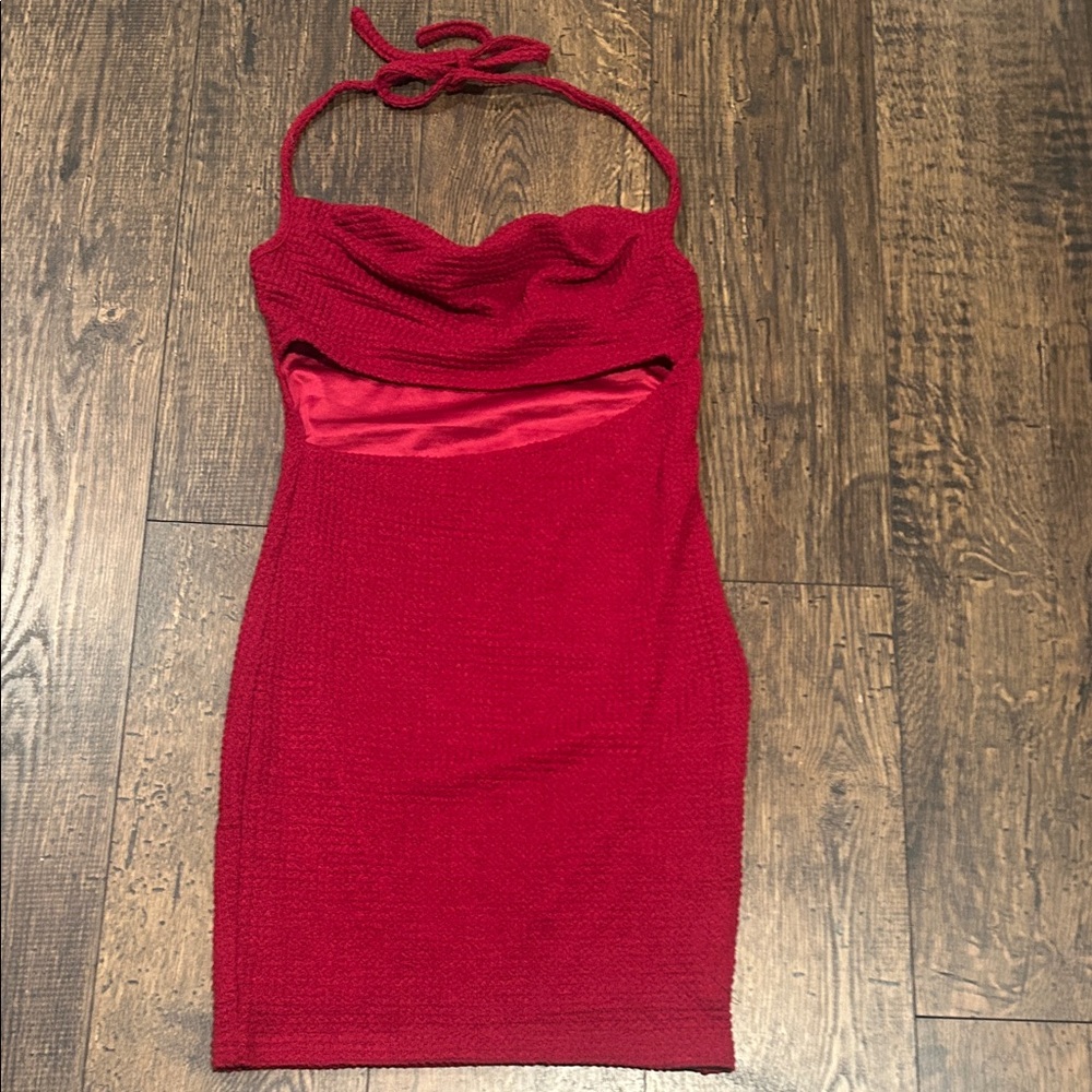 Red/Burgundy Halter Cowl Neck Textures Mini Dress